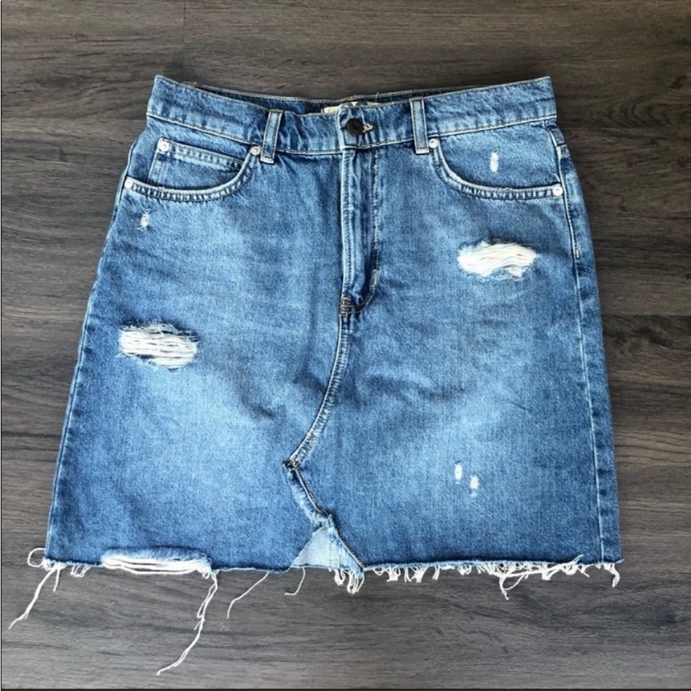 Free People Denim Distressed Raw Hem Skirt